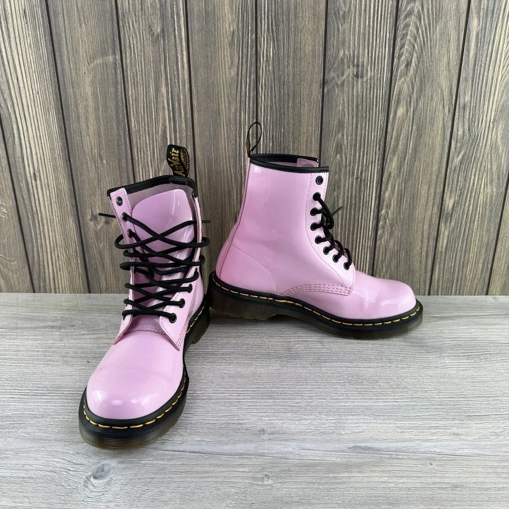 Dr Doc Martens Pink Black Combat Boots Barbie Patent Leather Women Size 7